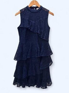 Sleeveless Navy Lace Tiered Ruffle Dress